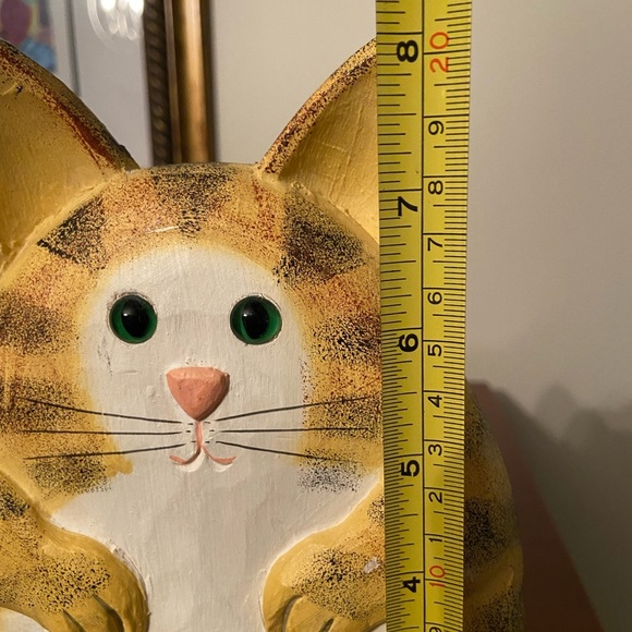 Adorable Chubby Orange Fat Cat Wood Carved Figure with Glass Eyes - Picture 9 of 9